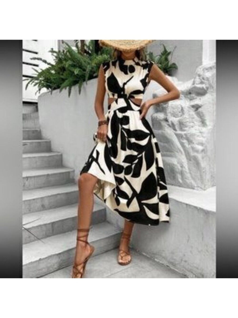 Boho plants print cutout sides midi dress - Picture 2 of 3